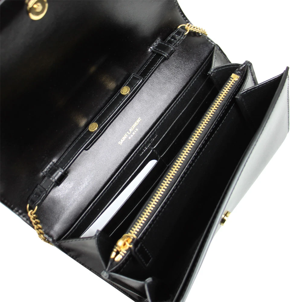 Saint Laurent Black Glossy Calfskin Monogram Chain Wallet