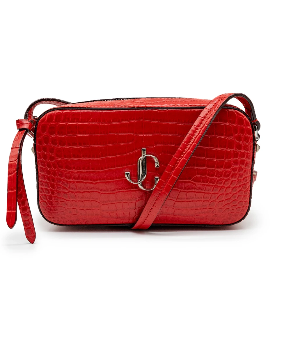 Jimmy Choo Calfskin Leather Crocodile Embossed Mini Hale Crossbody Bag in Red