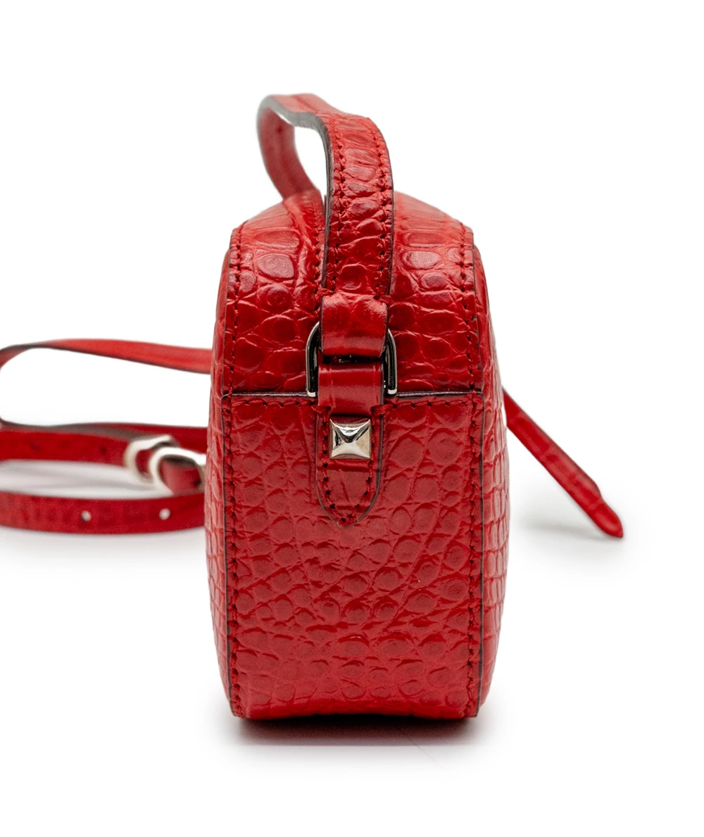 Jimmy Choo Calfskin Leather Crocodile Embossed Mini Hale Crossbody Bag in Red