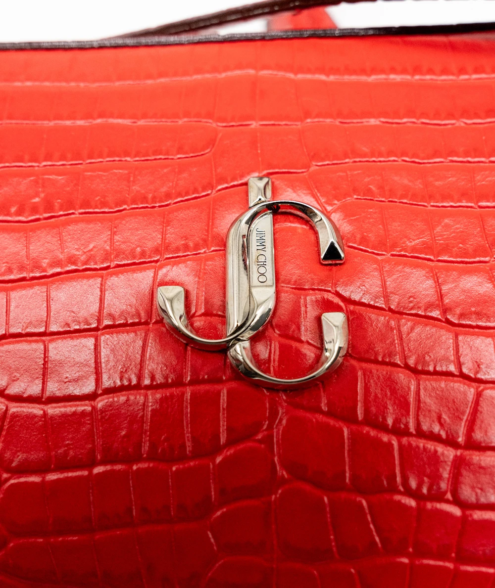 Jimmy Choo Calfskin Leather Crocodile Embossed Mini Hale Crossbody Bag in Red