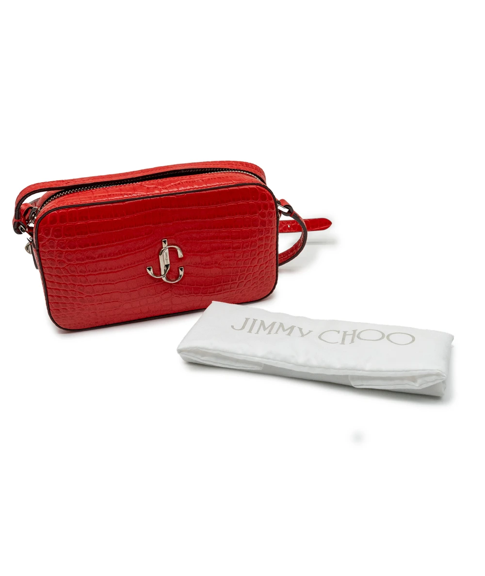 Jimmy Choo Calfskin Leather Crocodile Embossed Mini Hale Crossbody Bag in Red