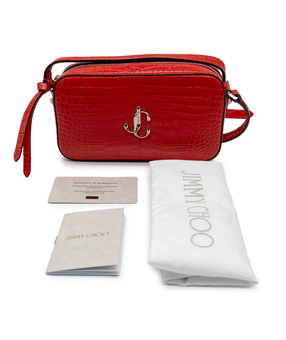 Jimmy Choo Calfskin Leather Crocodile Embossed Mini Hale Crossbody Bag in Red