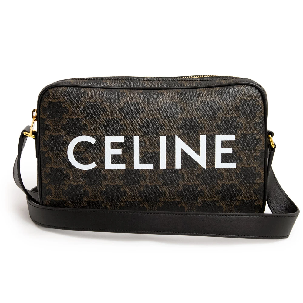 Celine Black Brown Medium Messenger Bag in Triomphe Canvas and Calfskin Leather