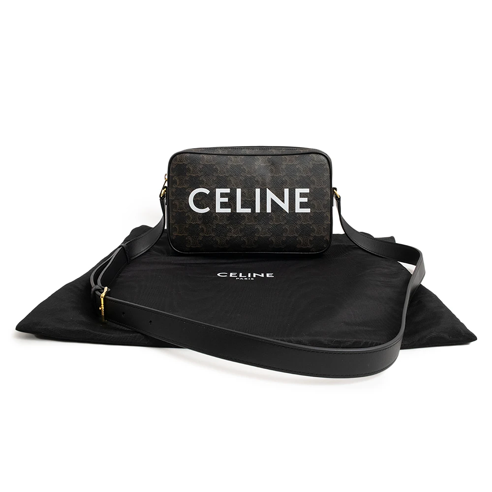 Celine Black Brown Medium Messenger Bag in Triomphe Canvas and Calfskin Leather