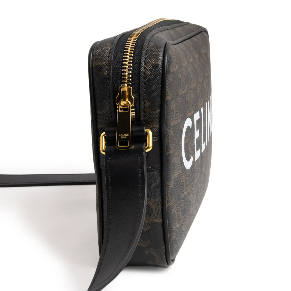 Celine Black Brown Medium Messenger Bag in Triomphe Canvas and Calfskin Leather