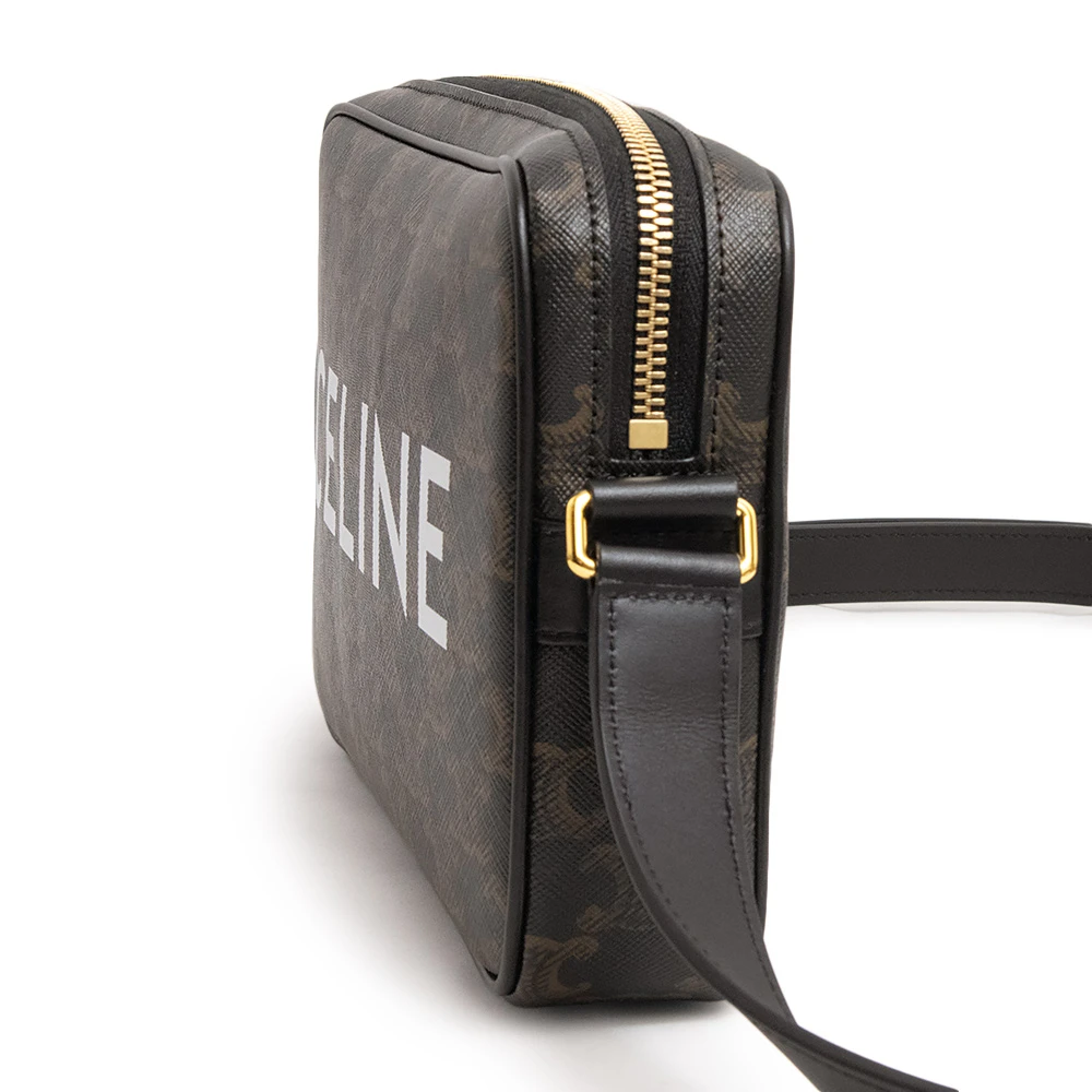 Celine Black Brown Medium Messenger Bag in Triomphe Canvas and Calfskin Leather