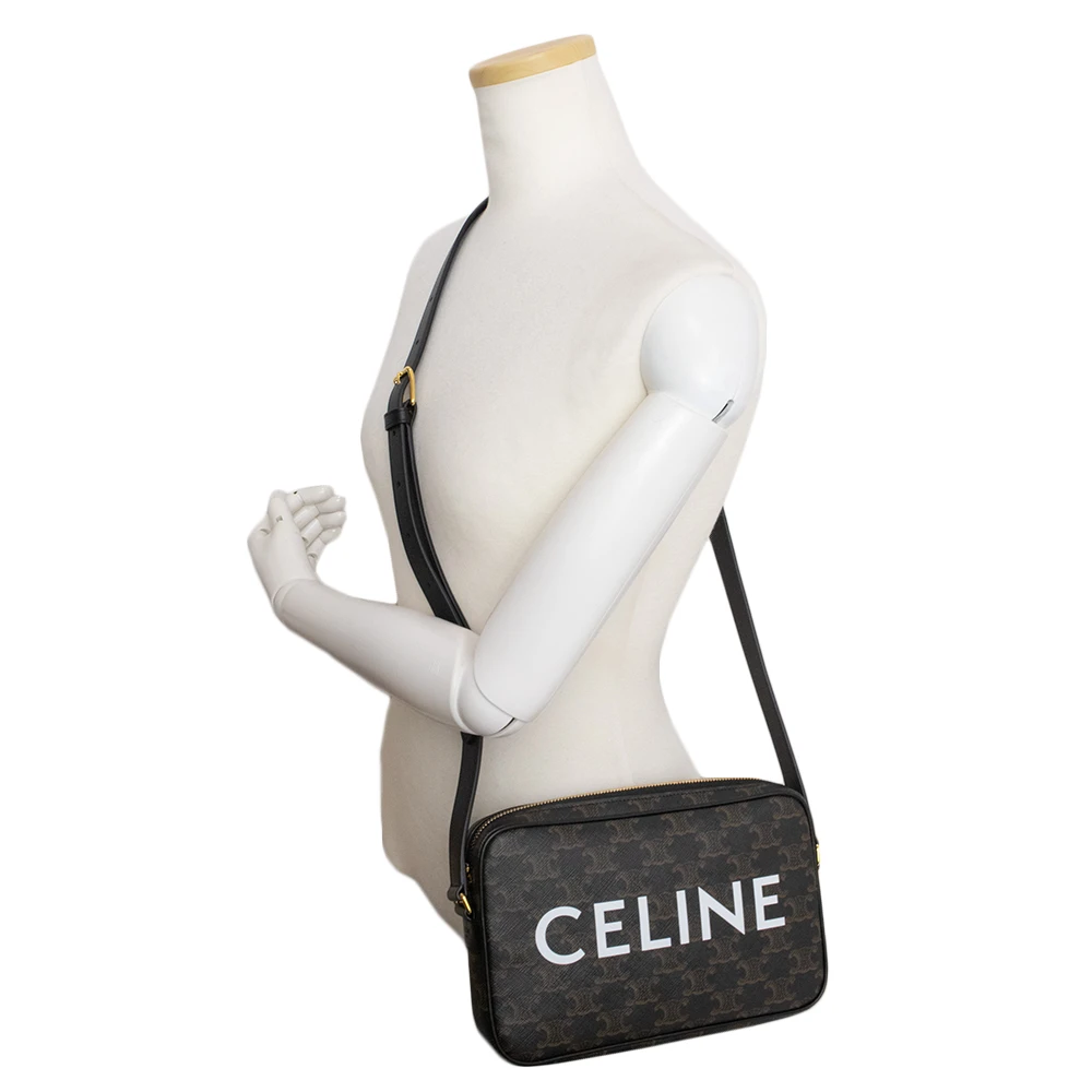 Celine Black Brown Medium Messenger Bag in Triomphe Canvas and Calfskin Leather