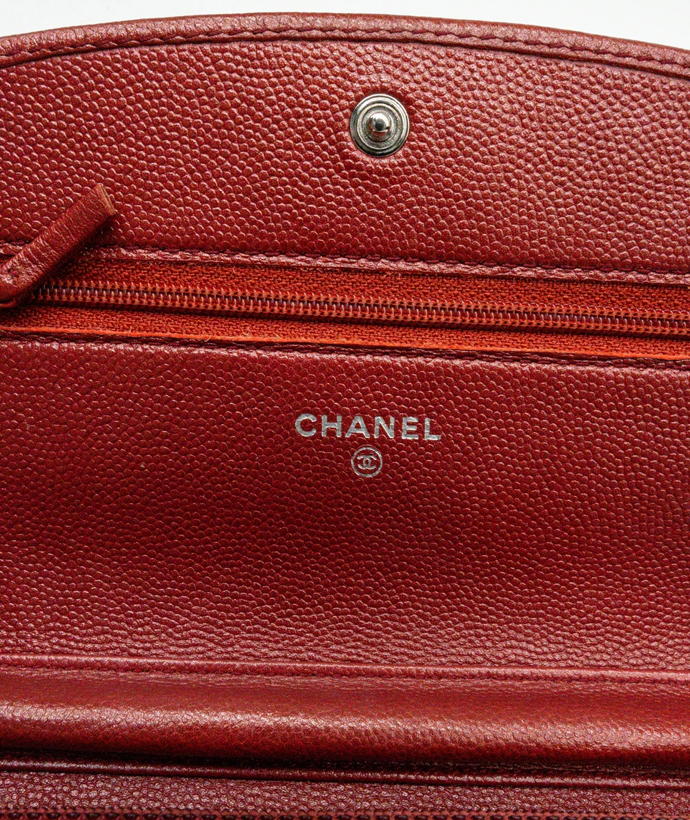 Chanel Red Caviar Leather Wallet On Chain Shoulder / Crossbody Bag