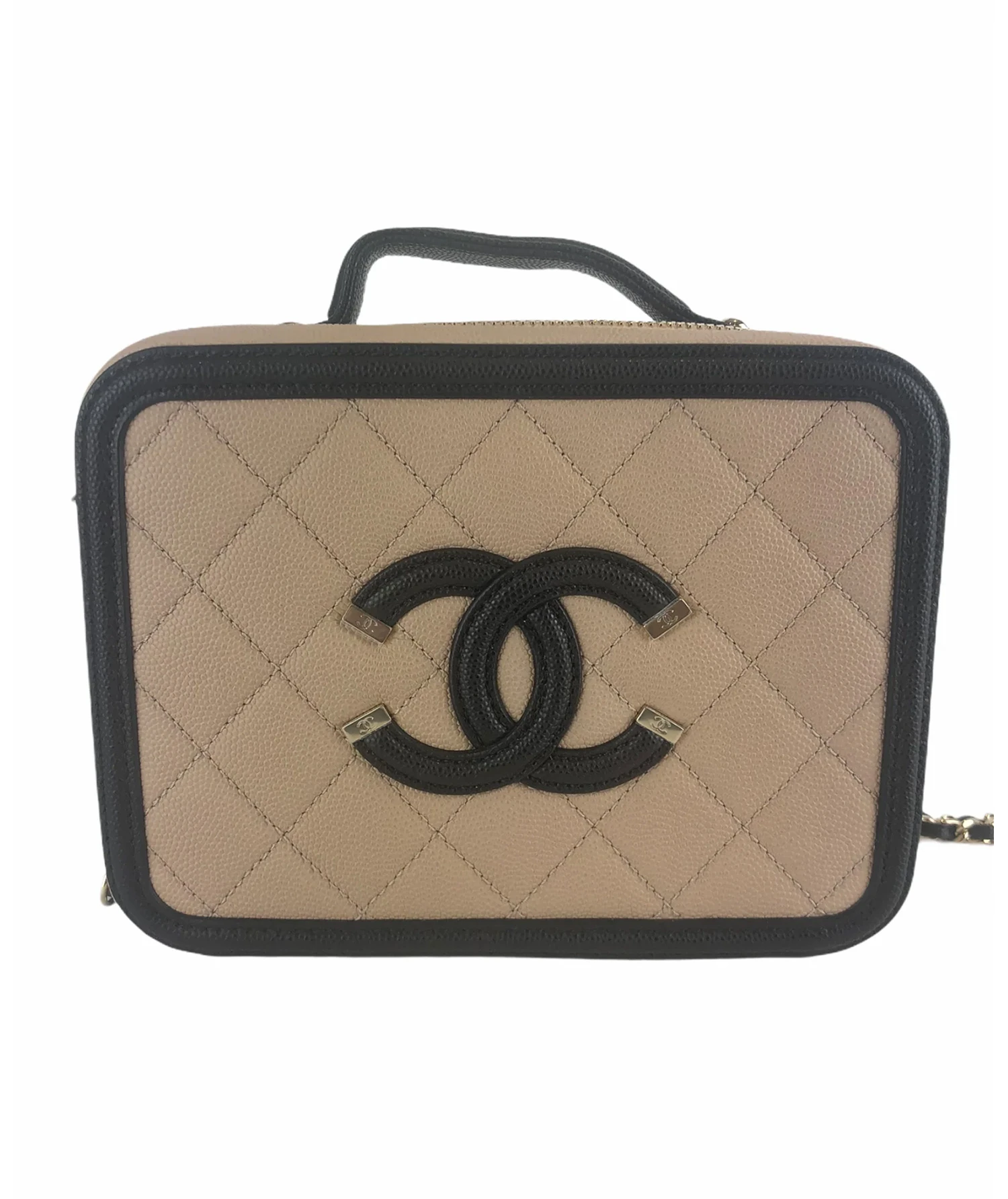 Chanel Cream & Black Caviar Leather CC Filigree Vanity Crossbody
