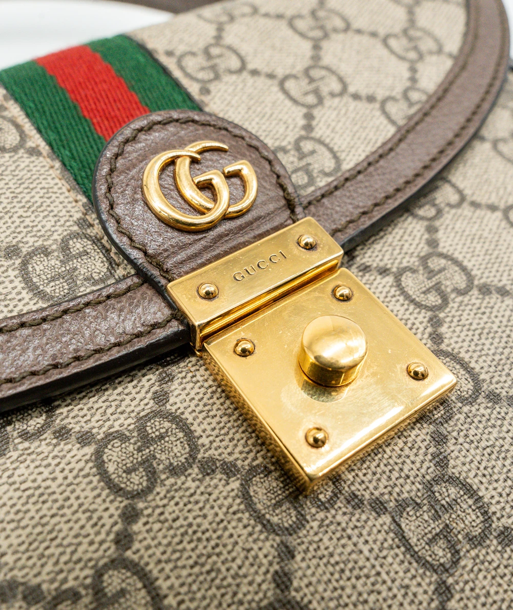 Gucci Small Ophidia Web Top Handle Bag in GG Supreme Canvas & Leather