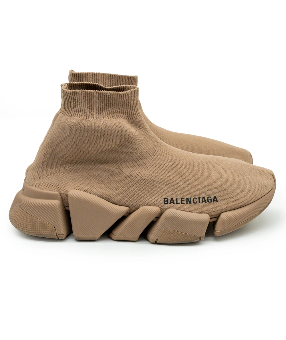 Balenciaga Size 37 Beige Knit Fabric Speed Trainer High-Top Sneakers