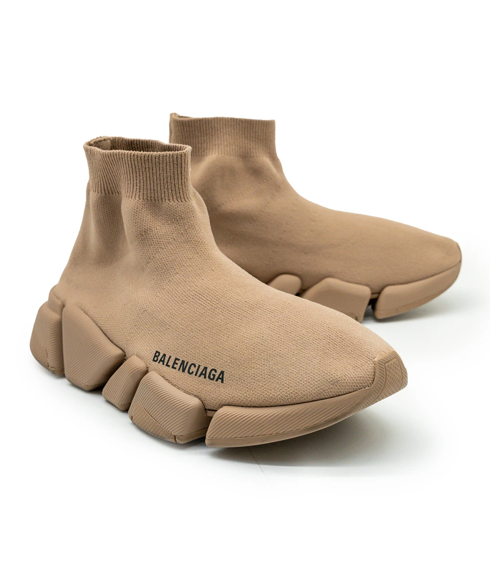 Balenciaga Size 37 Beige Knit Fabric Speed Trainer High-Top Sneakers