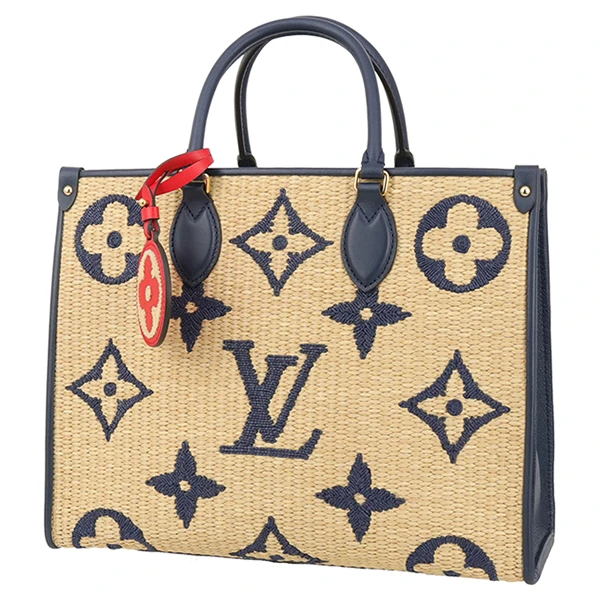 Louis Vuitton Navy Blue Calfskin Monogram Raffia Giant On The Go MM Bag