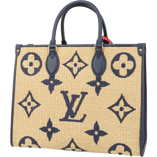 Louis Vuitton Navy Blue Calfskin Monogram Raffia Giant On The Go MM Bag