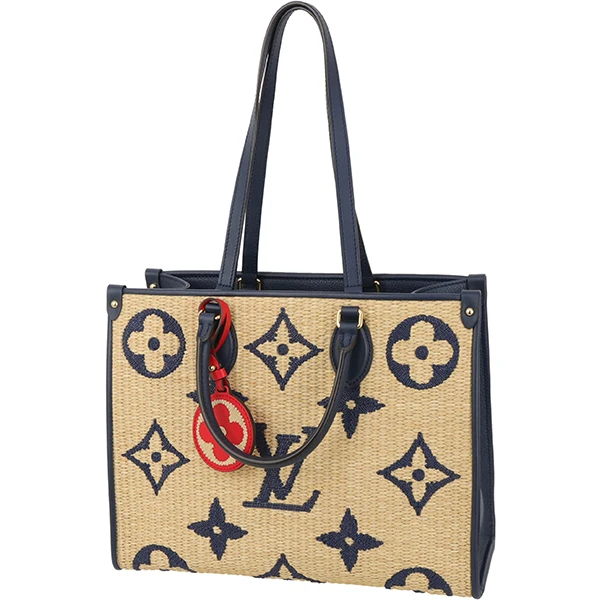 Louis Vuitton Navy Blue Calfskin Monogram Raffia Giant On The Go MM Bag