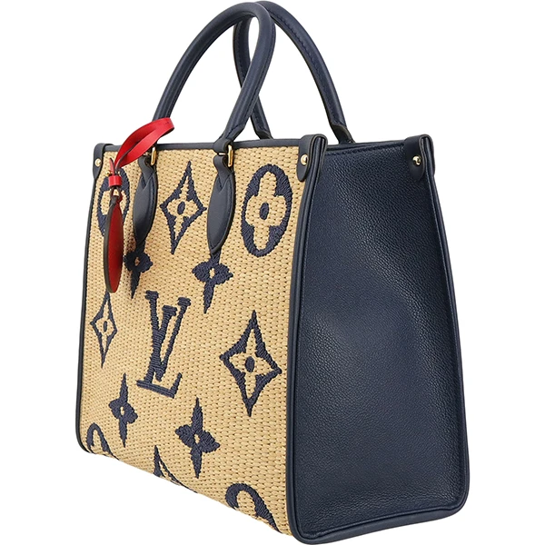 Louis Vuitton Navy Blue Calfskin Monogram Raffia Giant On The Go MM Bag