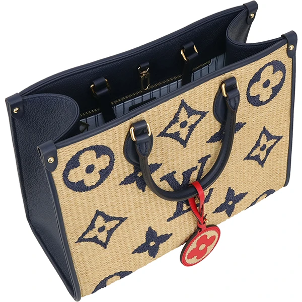 Louis Vuitton Navy Blue Calfskin Monogram Raffia Giant On The Go MM Bag