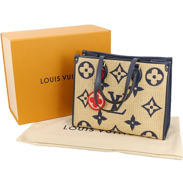 Louis Vuitton Navy Blue Calfskin Monogram Raffia Giant On The Go MM Bag