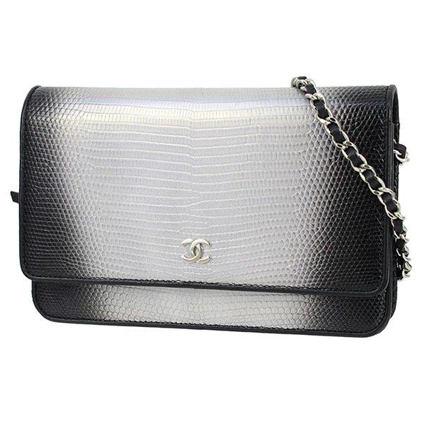 Chanel Black and Silver Lizard Skin Wallet On Chain Bag