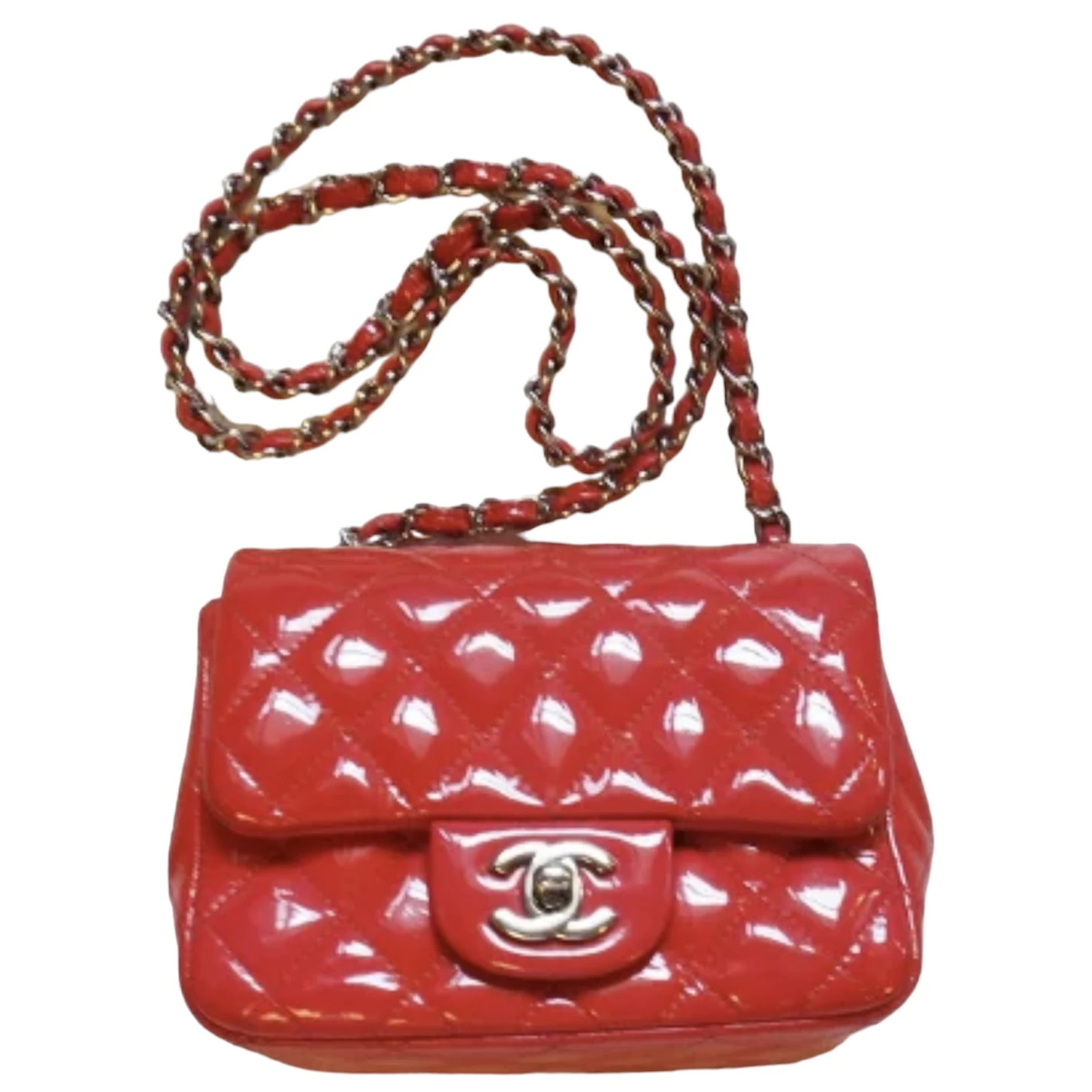 Chanel Red Quilted Patent Leather Mini Square Classic Flap Bag