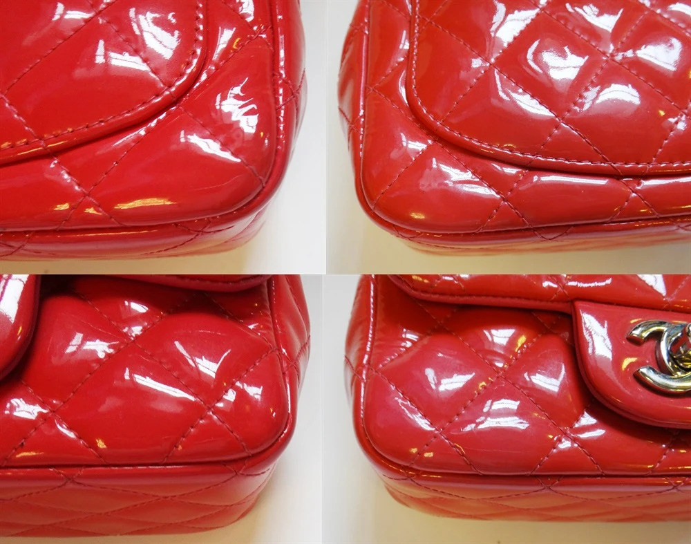 Chanel Red Quilted Patent Leather Mini Square Classic Flap Bag