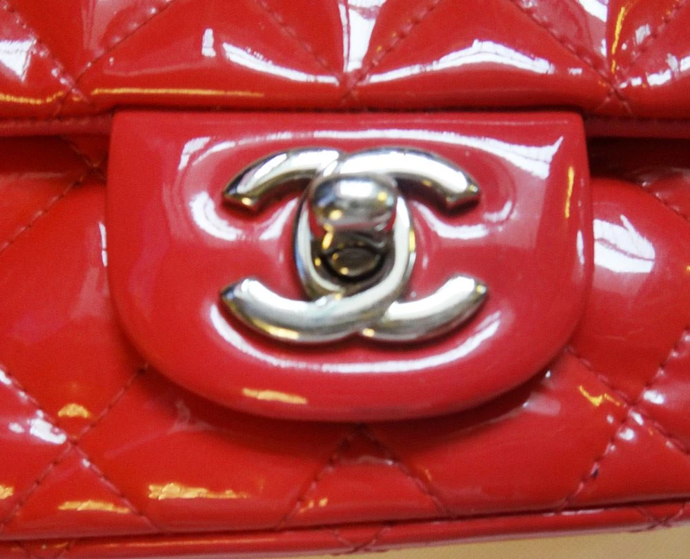 Chanel Red Quilted Patent Leather Mini Square Classic Flap Bag