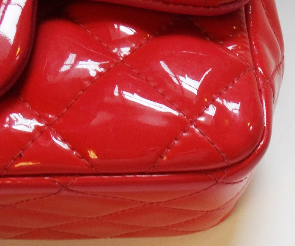 Chanel Red Quilted Patent Leather Mini Square Classic Flap Bag