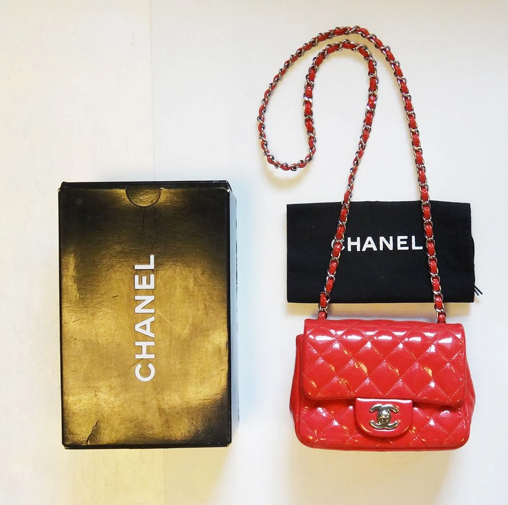 Chanel Red Quilted Patent Leather Mini Square Classic Flap Bag