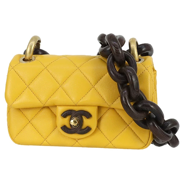 Chanel Yellow Mini Square Lambskin Wenge Wood Flap Bag