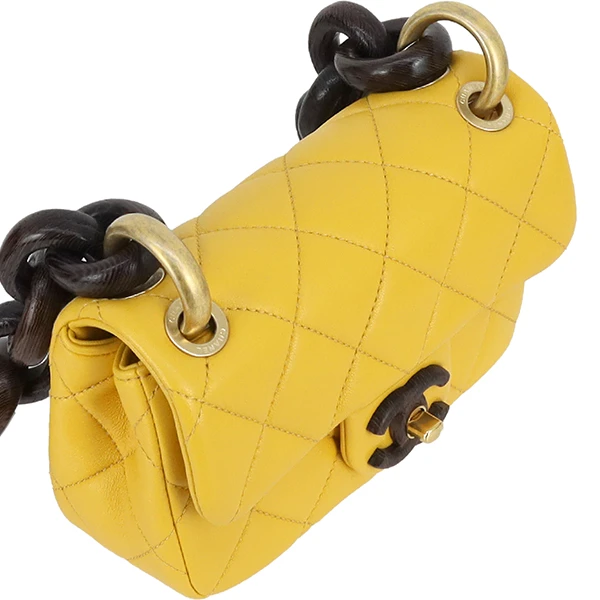 Chanel Yellow Mini Square Lambskin Wenge Wood Flap Bag