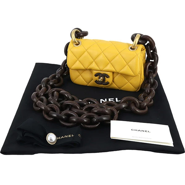 Chanel Yellow Mini Square Lambskin Wenge Wood Flap Bag