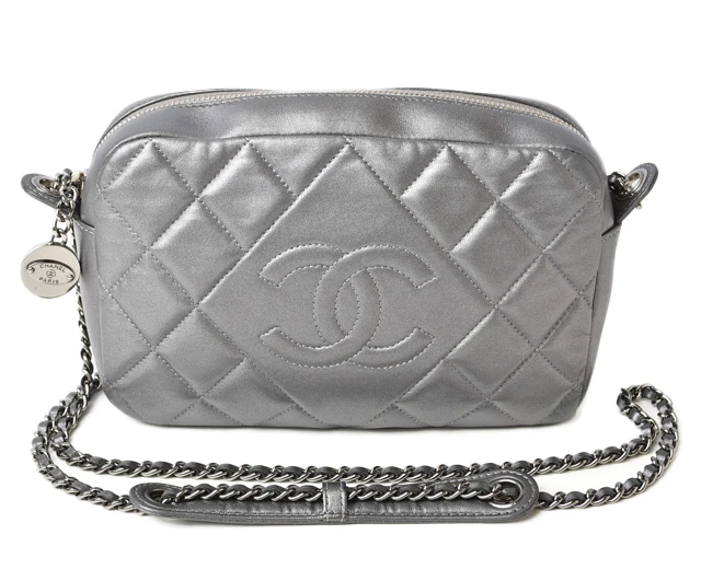 Chanel Metallic Silver Lambskin Quilted Diamond CC Camera Bag