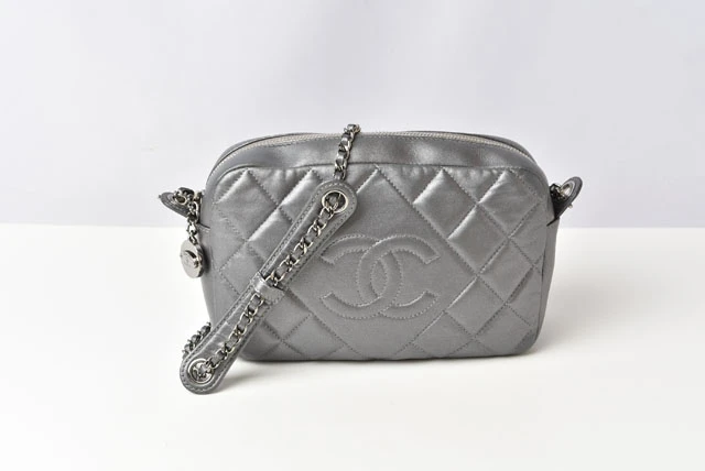 Chanel Metallic Silver Lambskin Quilted Diamond CC Camera Bag