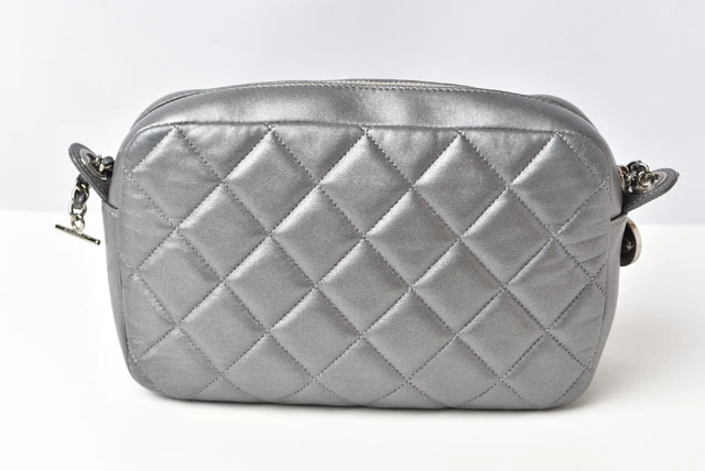 Chanel Metallic Silver Lambskin Quilted Diamond CC Camera Bag