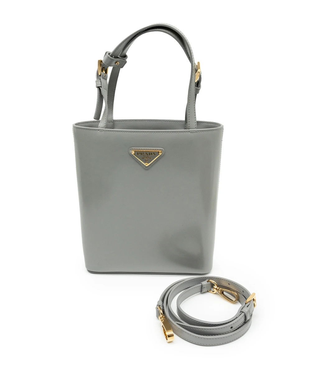 Prada Grey Patent Leather Small Panier Tote Bag