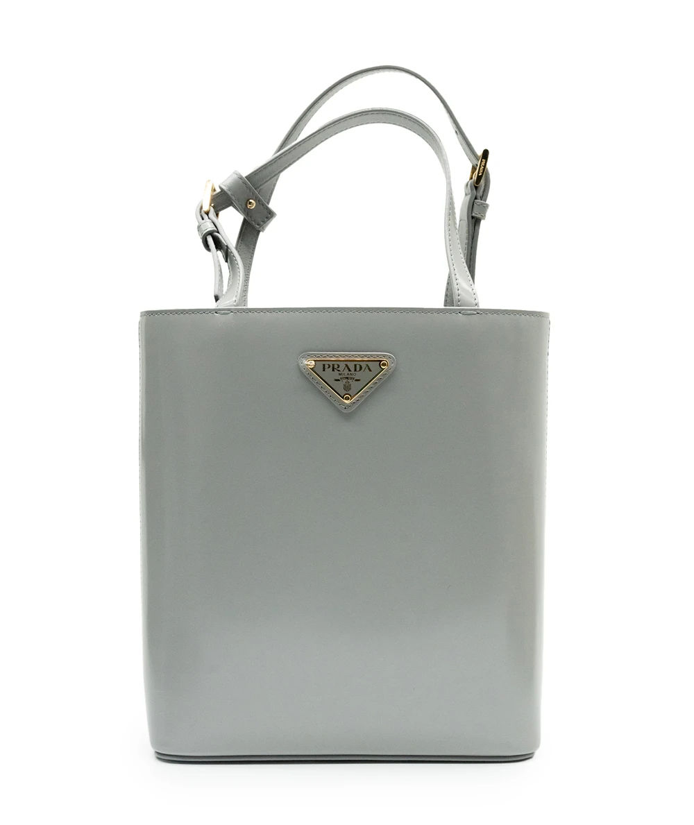 Prada Grey Patent Leather Small Panier Tote Bag