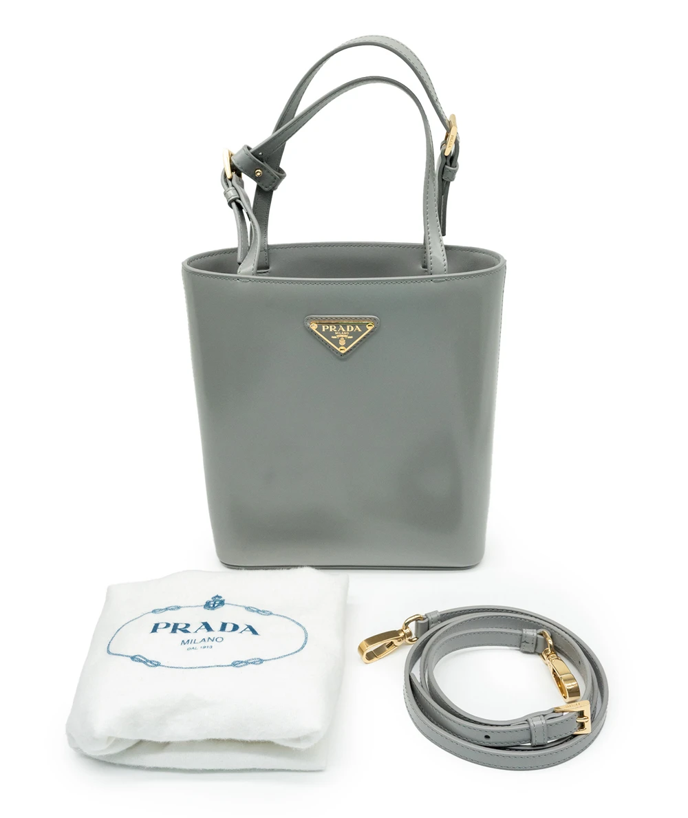 Prada Grey Patent Leather Small Panier Tote Bag