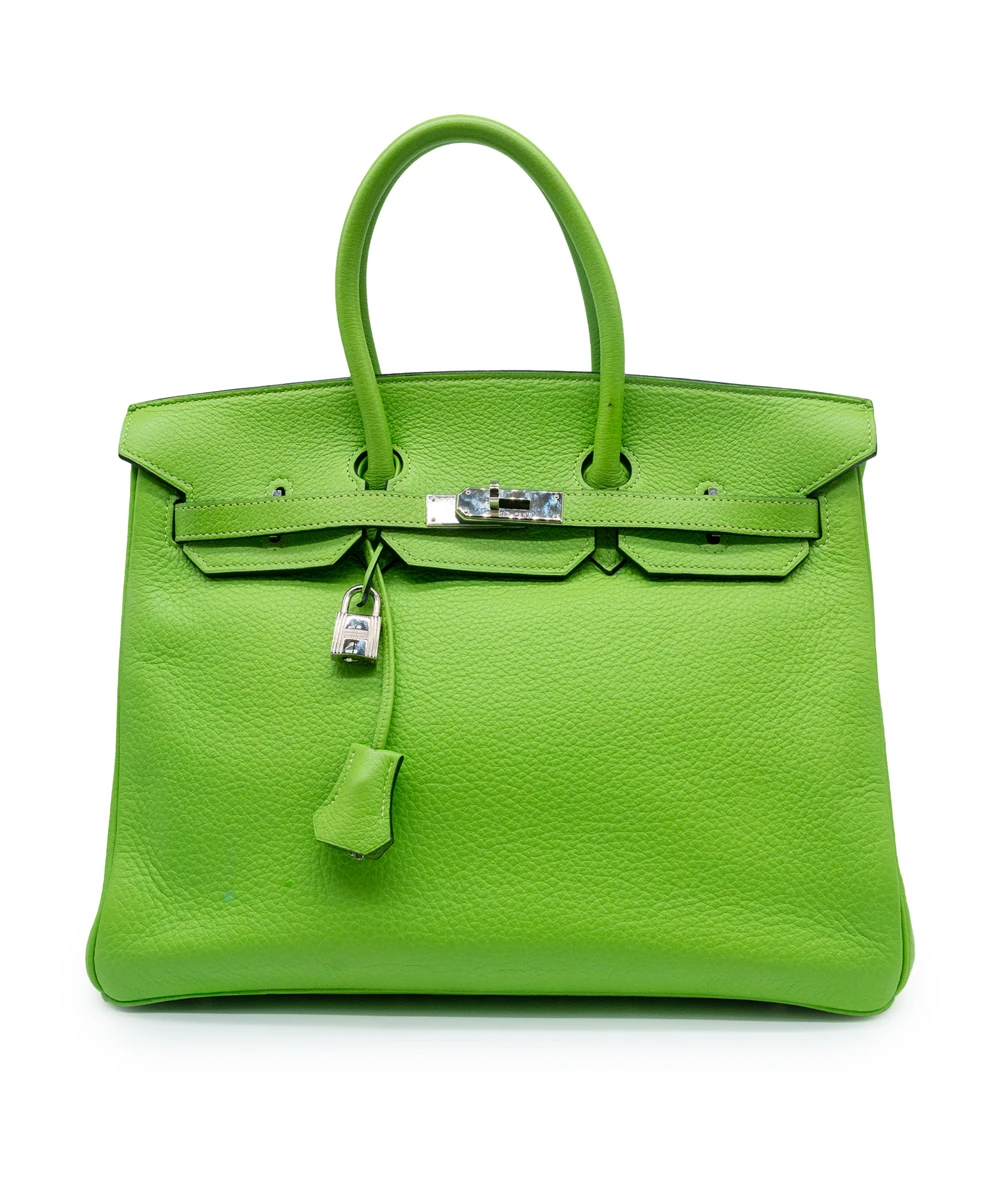 Hermes Size 35 Clemence Leather Birkin in Apple Green with Palladium hardware