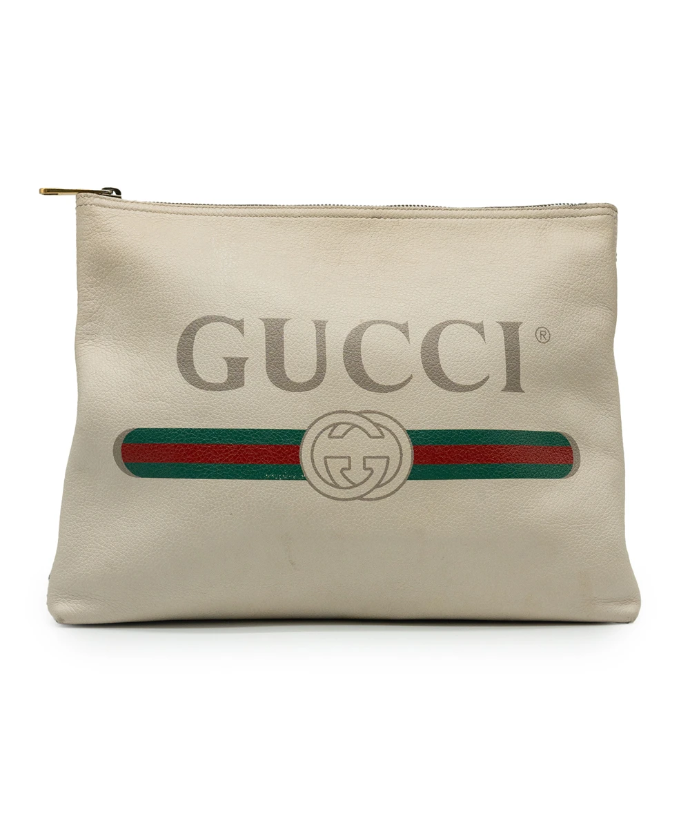 Gucci Beige Leather Logo Print Zip Pouch