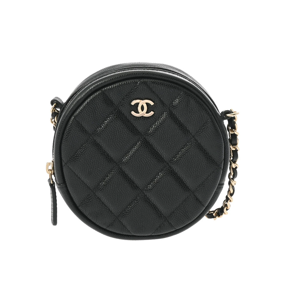 Chanel Black Round Chain Clutch Caviar Skin Shoulder Bag