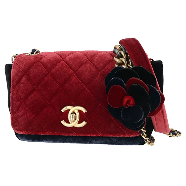 Chanel Red/Navy Blue Velour camellia shoulder bag