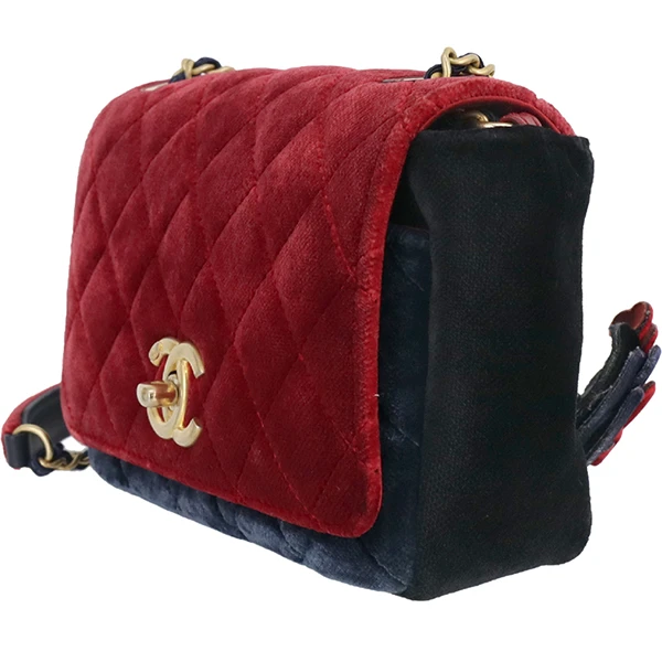 Chanel Red/Navy Blue Velour camellia shoulder bag