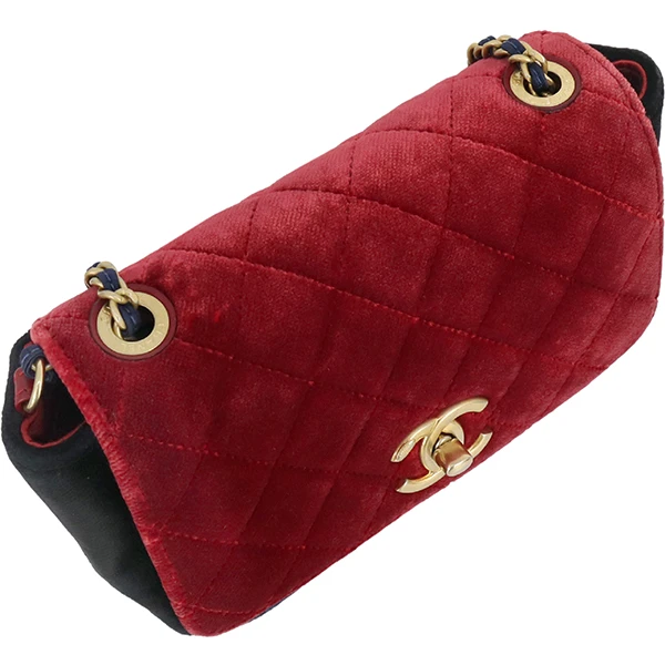 Chanel Red/Navy Blue Velour camellia shoulder bag