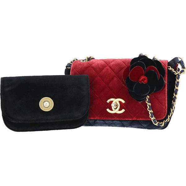 Chanel Red/Navy Blue Velour camellia shoulder bag