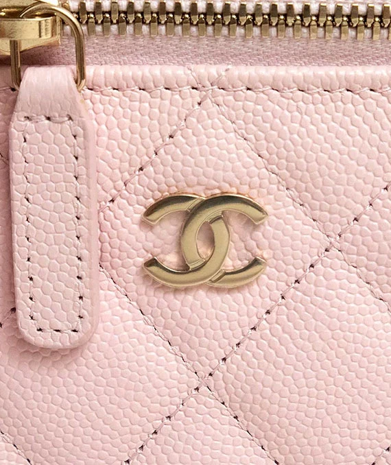 CHANEL Matelasse Light Pink Classic Small Vanity Case with Chain in Caviar Leather with Champagne Gold Hardware