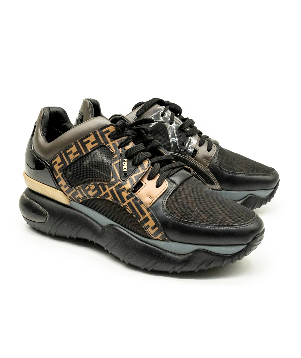 Fendi Size 42.5 Black/Brown Zucca Monogram Leather, Mesh, Patent Leather Chunky Sneakers