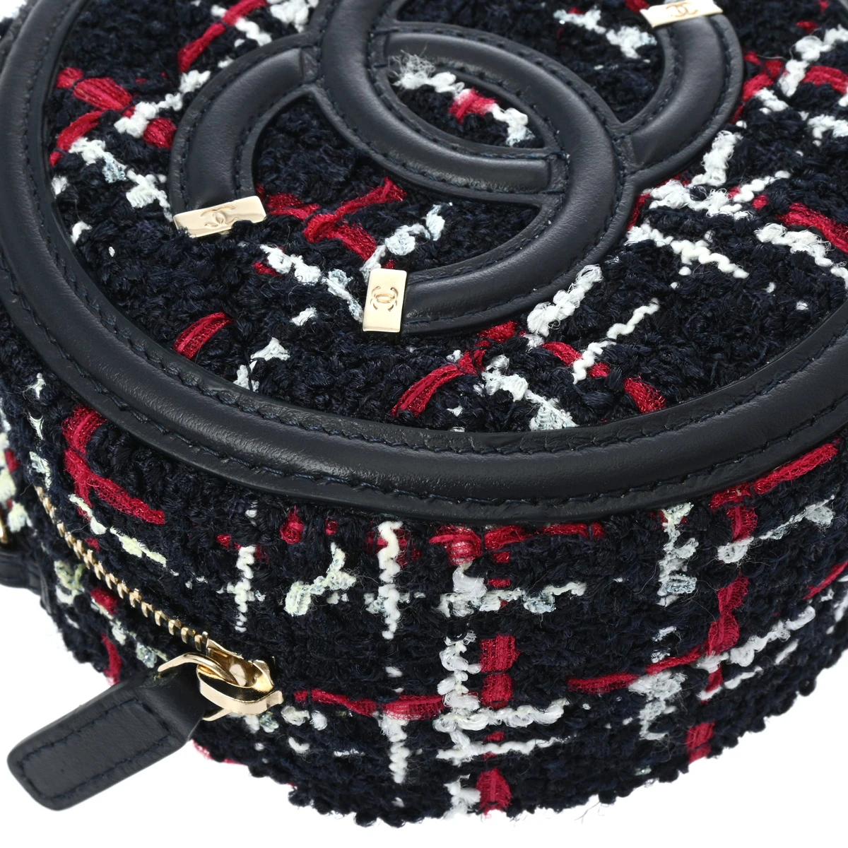 Chanel Navy Blue Leather Tweed Filigree Chain Shoulder Bag