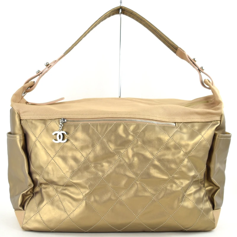 Chanel Gold Quilted Coated Canvas Large Paris Biarritz Hobo Bag