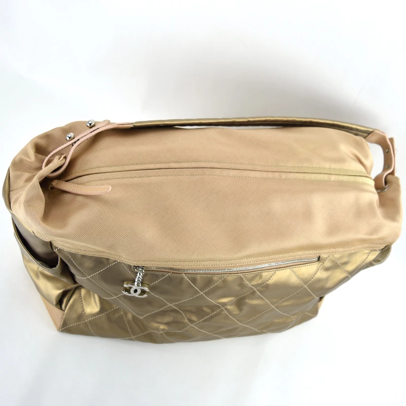 Chanel Gold Quilted Coated Canvas Large Paris Biarritz Hobo Bag