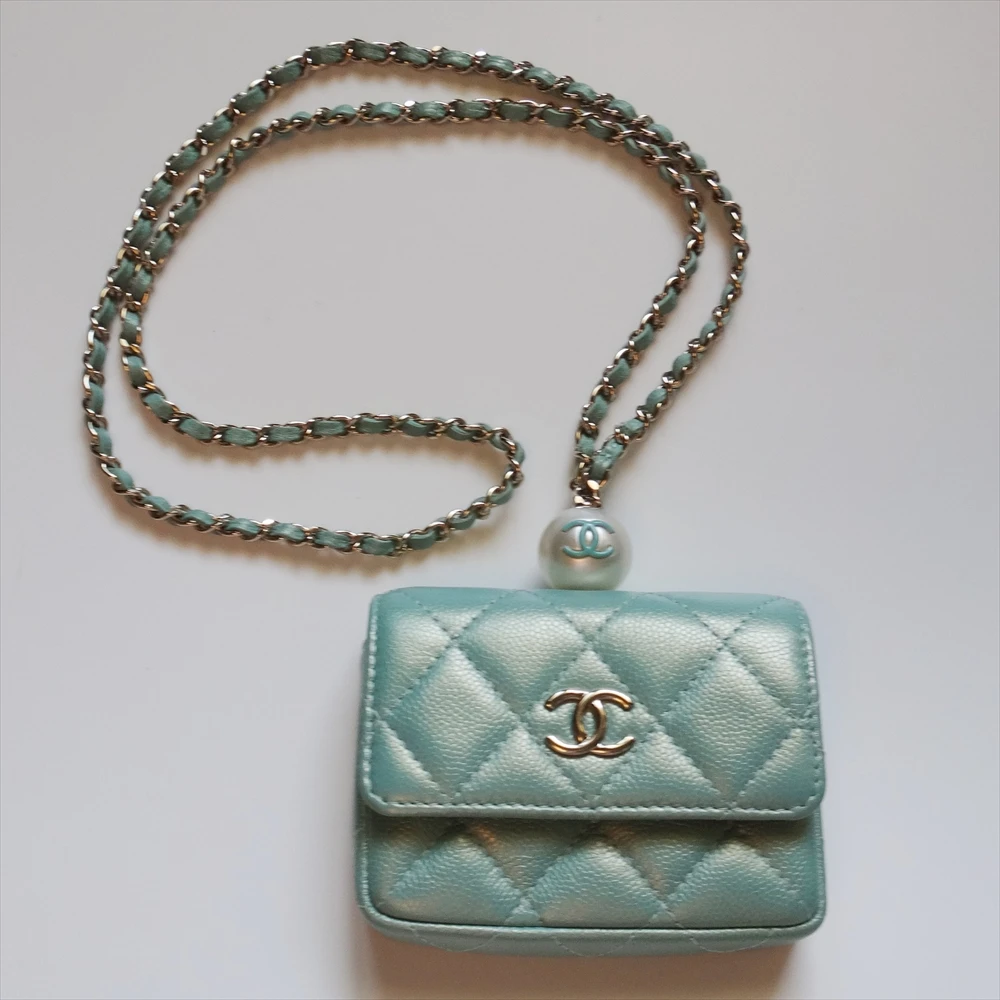 Chanel Iridescent Light Blue Caviar Quilted Pearl On Top Wallet On Chain Coin Purse